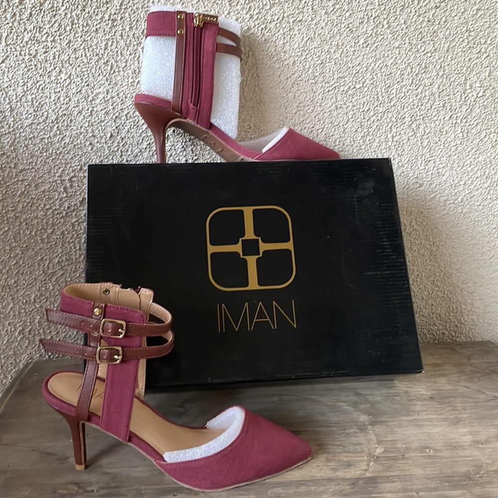 IMAN Marsala Red Fabric Ankle Strap Side Buckle Pump